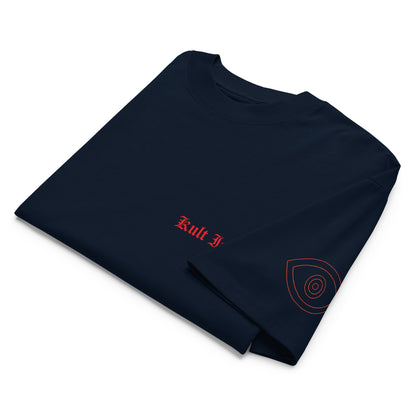 Folded black t-shirt with red text and design on a white background