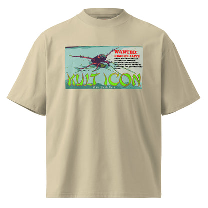 Beige t-shirt with a graphic design featuring text and a spider-like creature on a white background