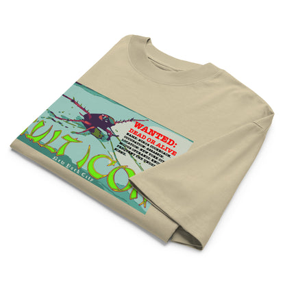 Folded beige t-shirt with a graphic design on a white background
