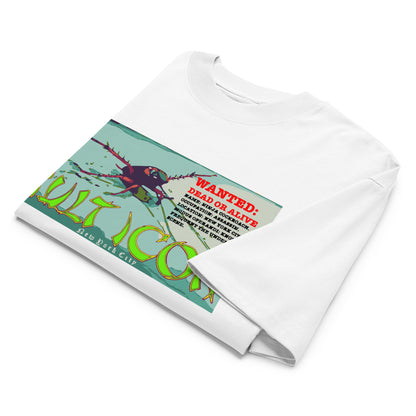 White t-shirt with a graphic design featuring text and a beetle-like creature on a white background