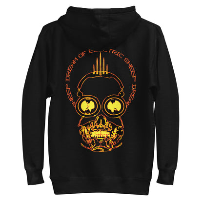 Black hoodie with a skull design and text on the back, on a white background
