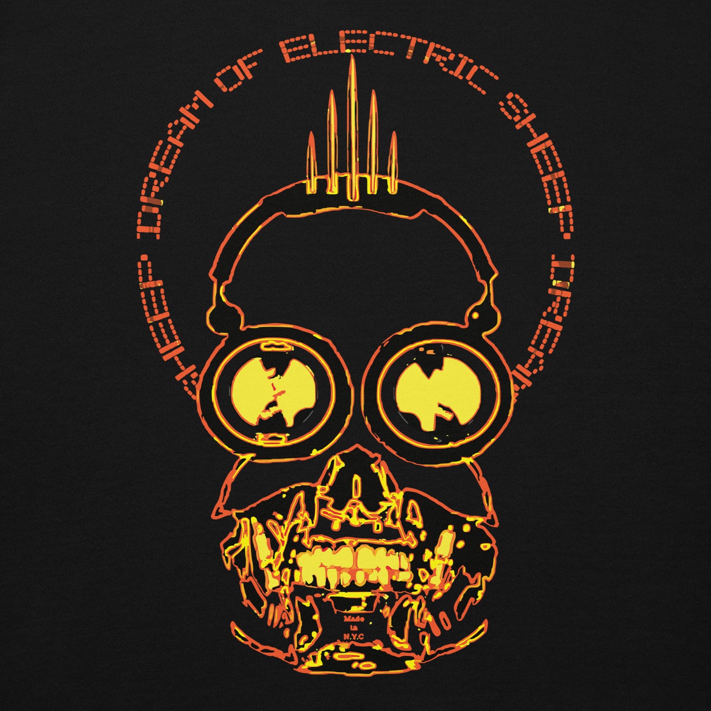Skull design with glowing yellow outline on a black background, featuring 'Dream of Electric Sheep' text.