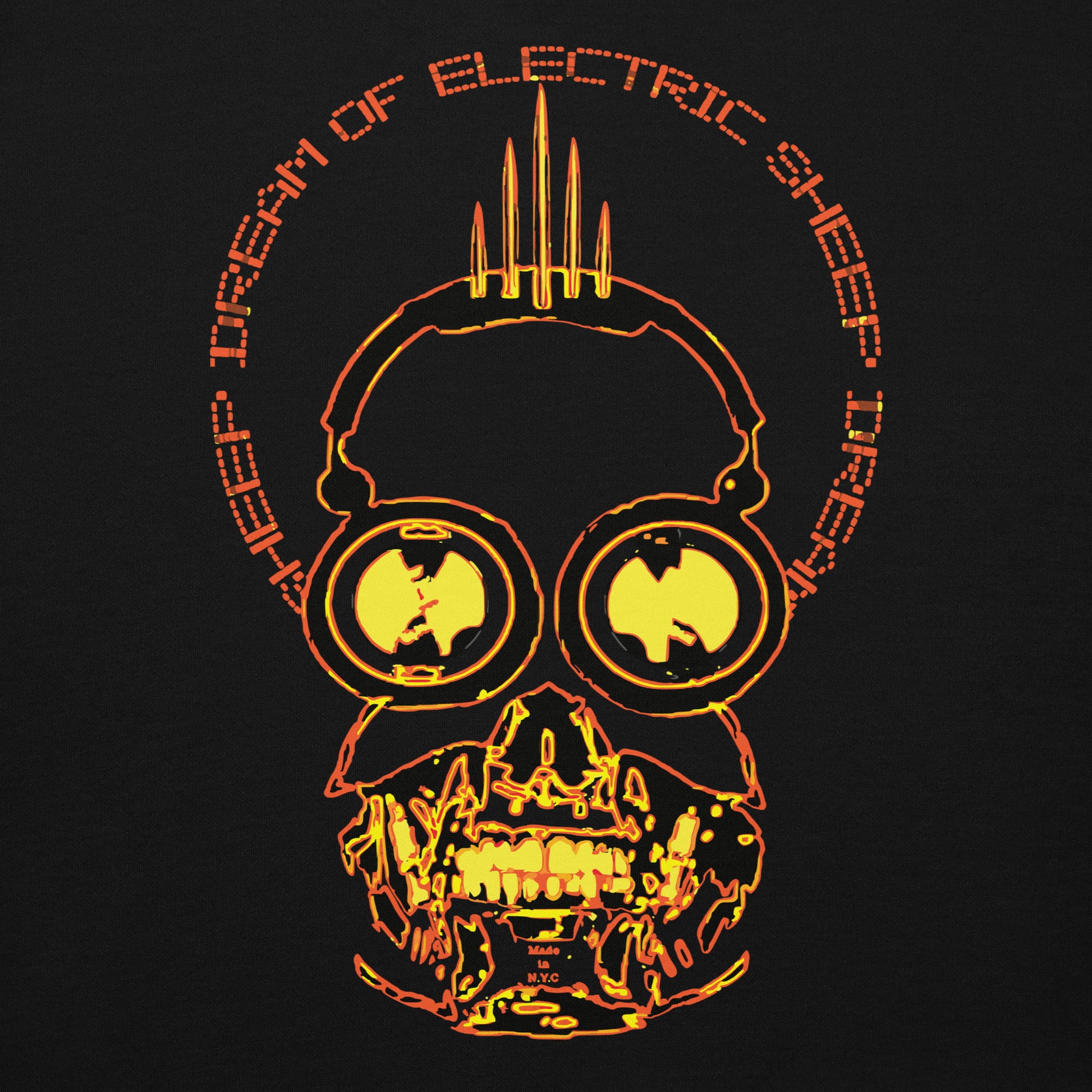 Skull design with glowing yellow outline on a black background, featuring 'Dream of Electric Sheep' text.