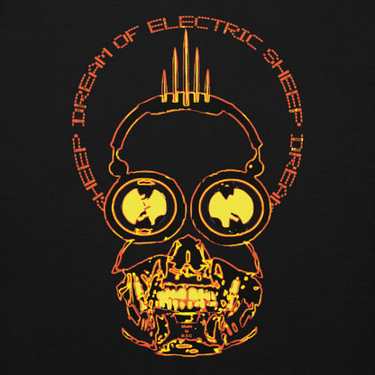 Skull design with glowing yellow outline on a black background, featuring 'Dream of Electric Sheep' text.