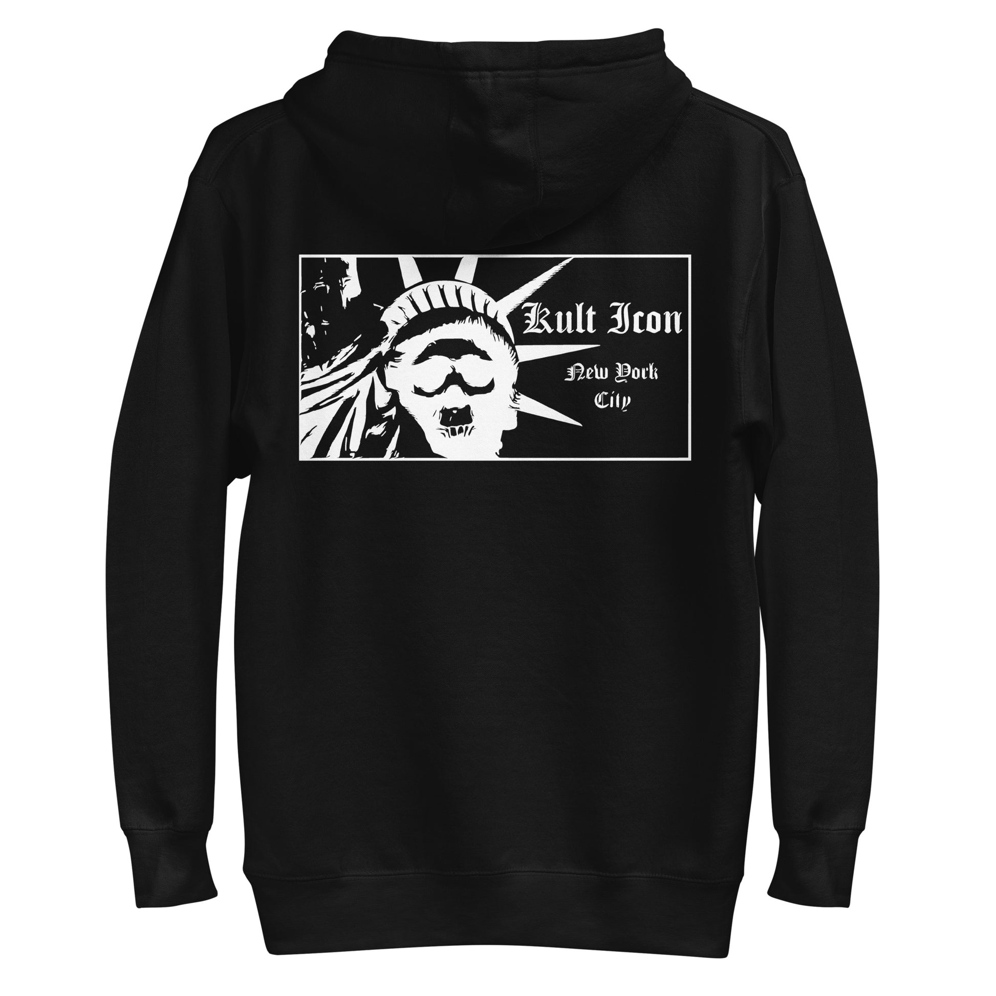 Black hoodie with a graphic design on the back featuring the Statue of Liberty and text.