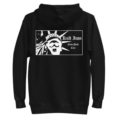 Black hoodie with a graphic design on the back featuring the Statue of Liberty and text.