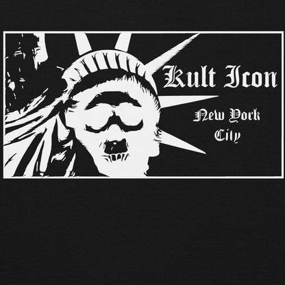 Black t-shirt with white graphic of a skull-like face and 'Kult Iron New York City' text on a black background