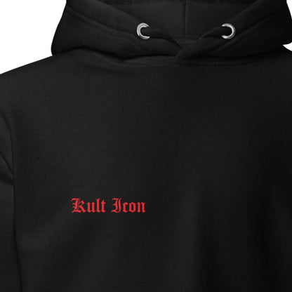 Black hoodie with 'Kult Icon' text in red on a white background
