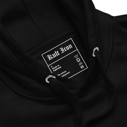 Black hoodie with a brand label on the chest area