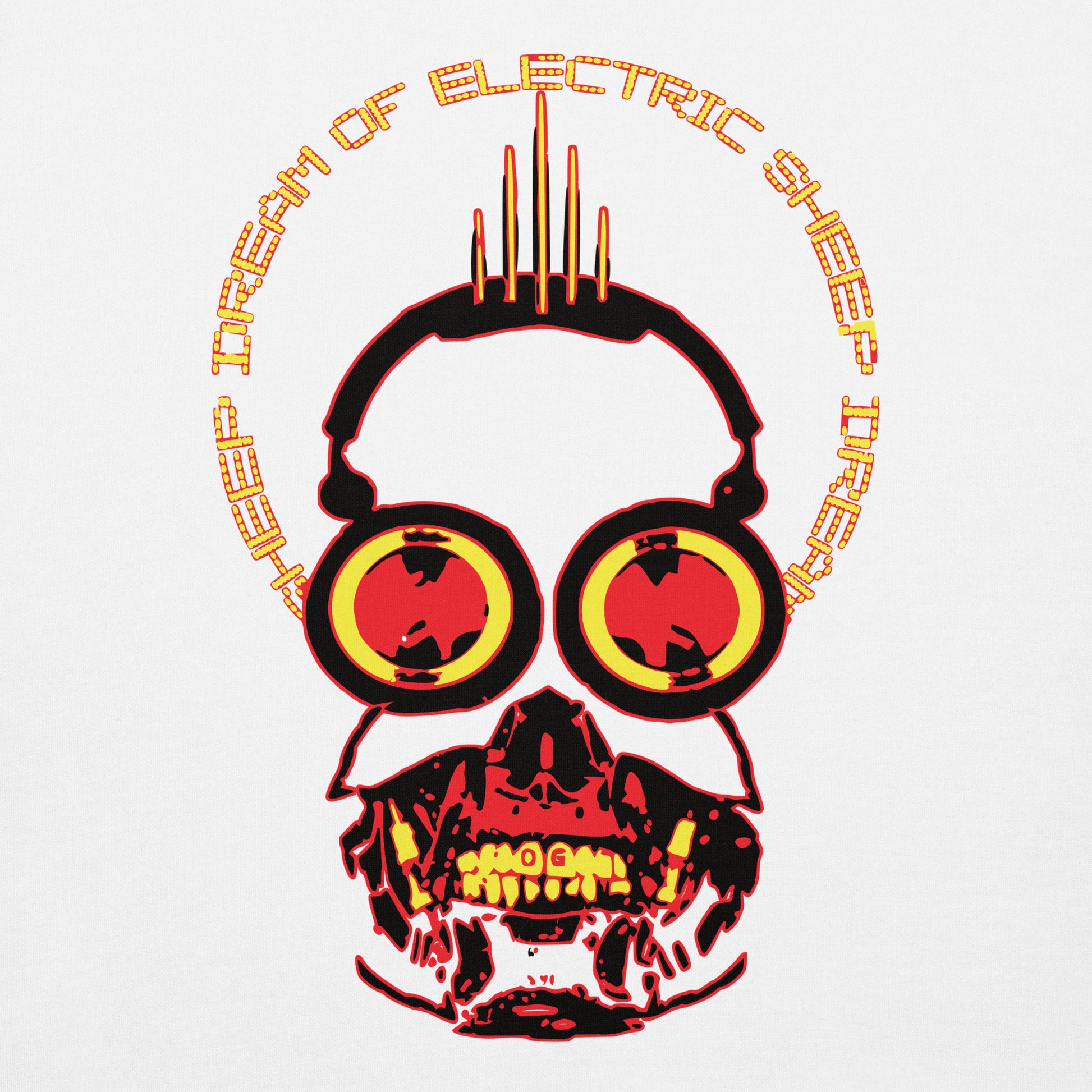 Album cover with a skull wearing headphones and red eyes, surrounded by text on a white background.