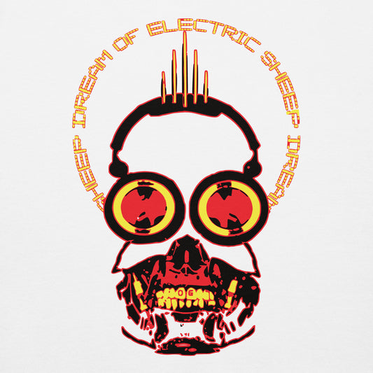 Album cover with a skull wearing headphones and red eyes, surrounded by text on a white background.