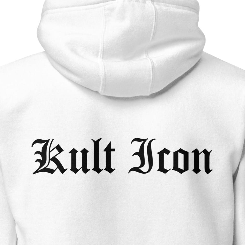 White hoodie with 'Kult Icon' text on the back against a white background