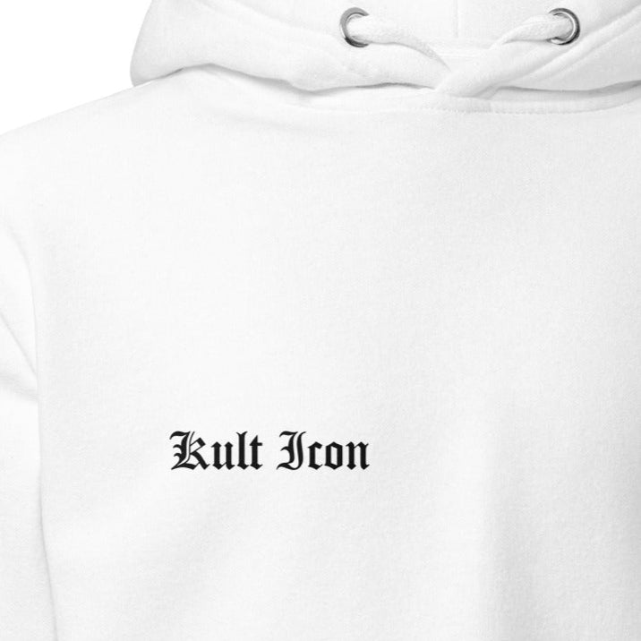 White hoodie with 'Kult Icon' text on a white background