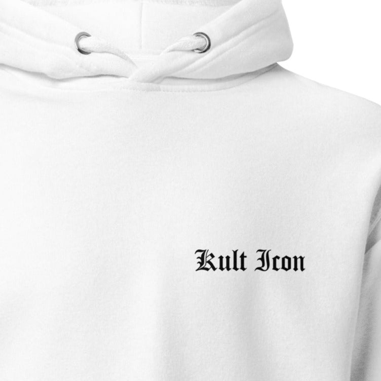 White hoodie with 'Kult Icon' text on a white background