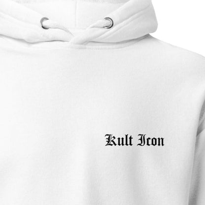 White hoodie with 'Kult Icon' text on a white background