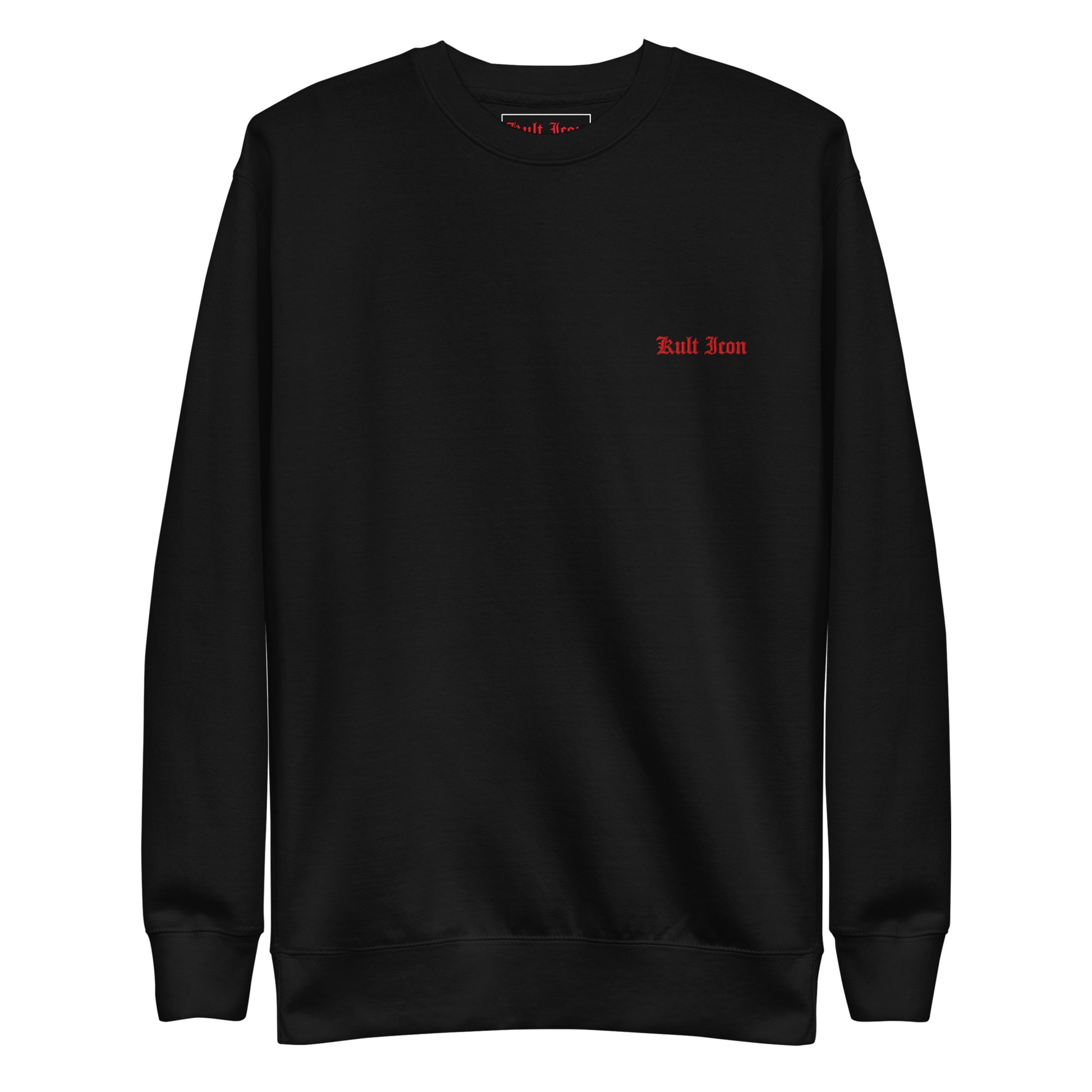Black sweatshirt with red text on a white background