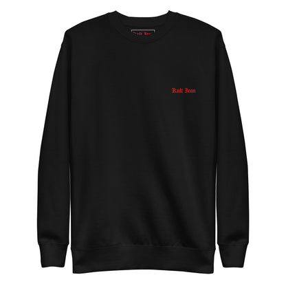 Black sweatshirt with red text on a white background