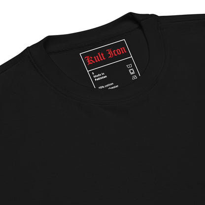 Black t-shirt with a label on the collar displaying 'Kult Iron' branding.