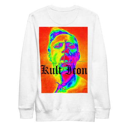 White sweatshirt with a colorful graphic of a face and 'Kult Icon' text on a white background