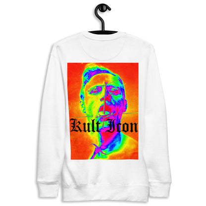 White sweatshirt with a colorful graphic and 'Kult Icon' text on a hanger against a white background