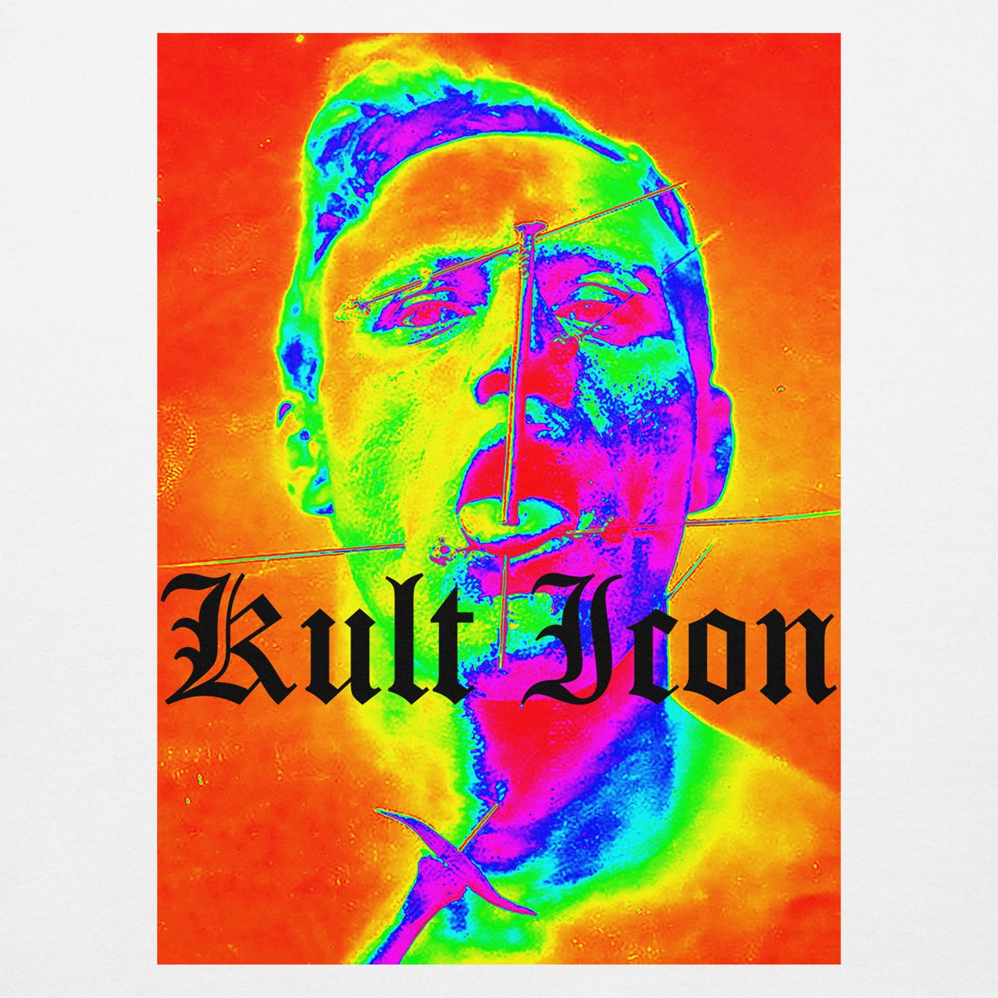 Colorful portrait with 'Kult Icon' text on a red background
