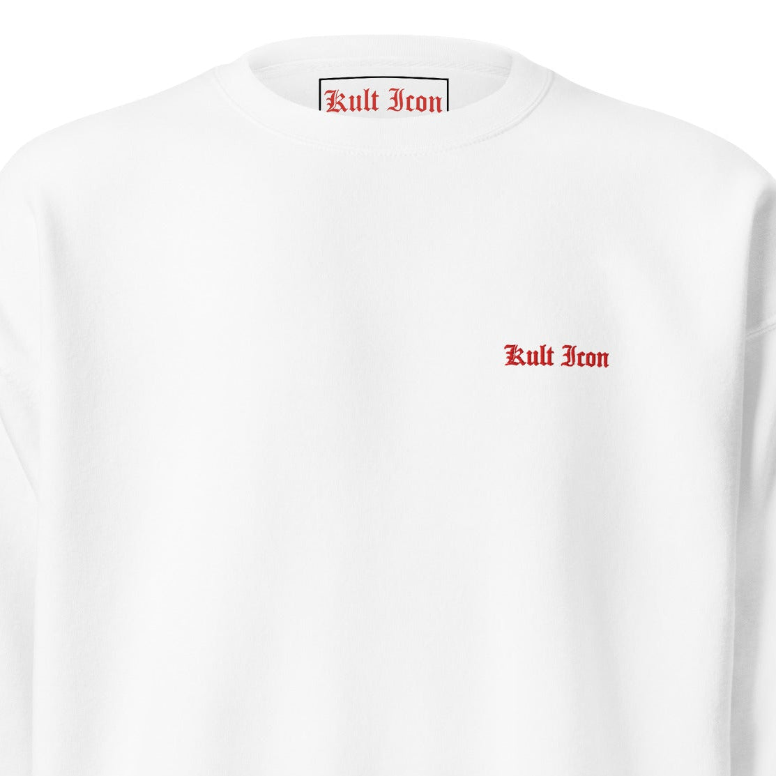 White sweatshirt with 'Kult Iron' logo on a white background