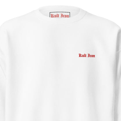 White sweatshirt with 'Kult Iron' logo on a white background