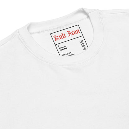 Close-up of a white t-shirt with a brand label on a white background