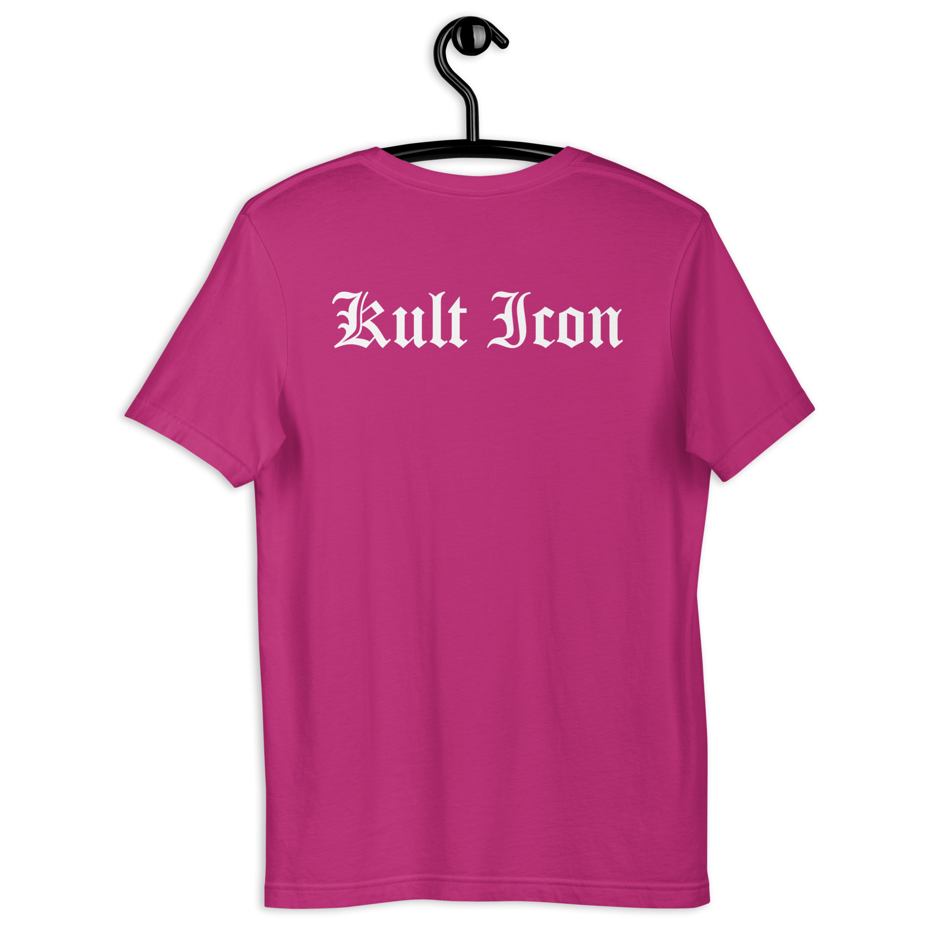 Pink t-shirt with 'Kult Iron' text on a hanger against a white background