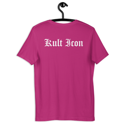 Pink t-shirt with 'Kult Iron' text on a hanger against a white background