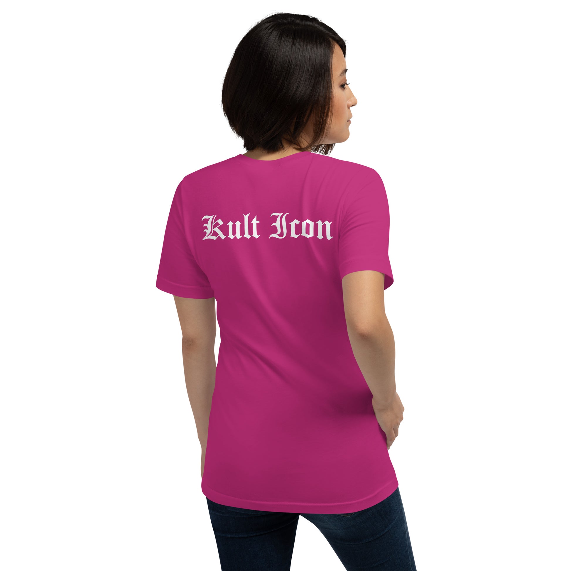 Person wearing a pink t-shirt with 'Kult Iron' text on the back against a white background
