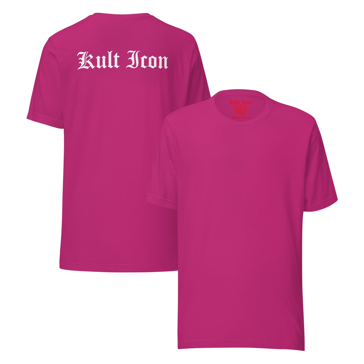 Pink t-shirt with 'Kult Iron' branding on a white background