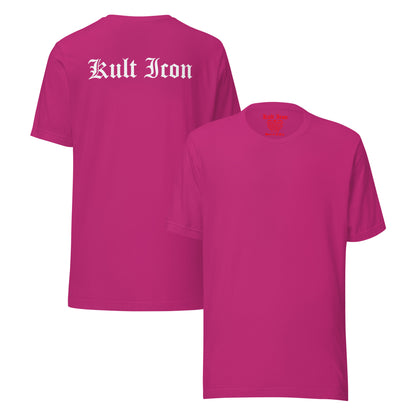 Pink t-shirt with 'Kult Iron' branding on a white background