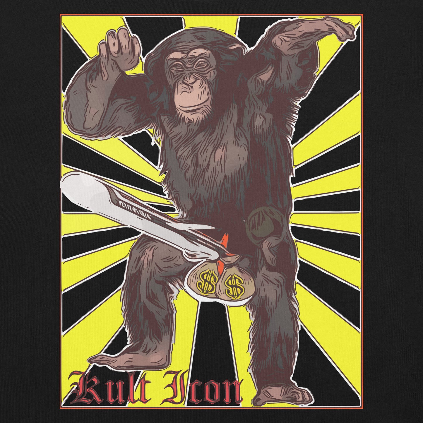 Illustration of a monkey holding a sword with dollar signs on a yellow and black background, featuring the text 'Kult Icon'.
