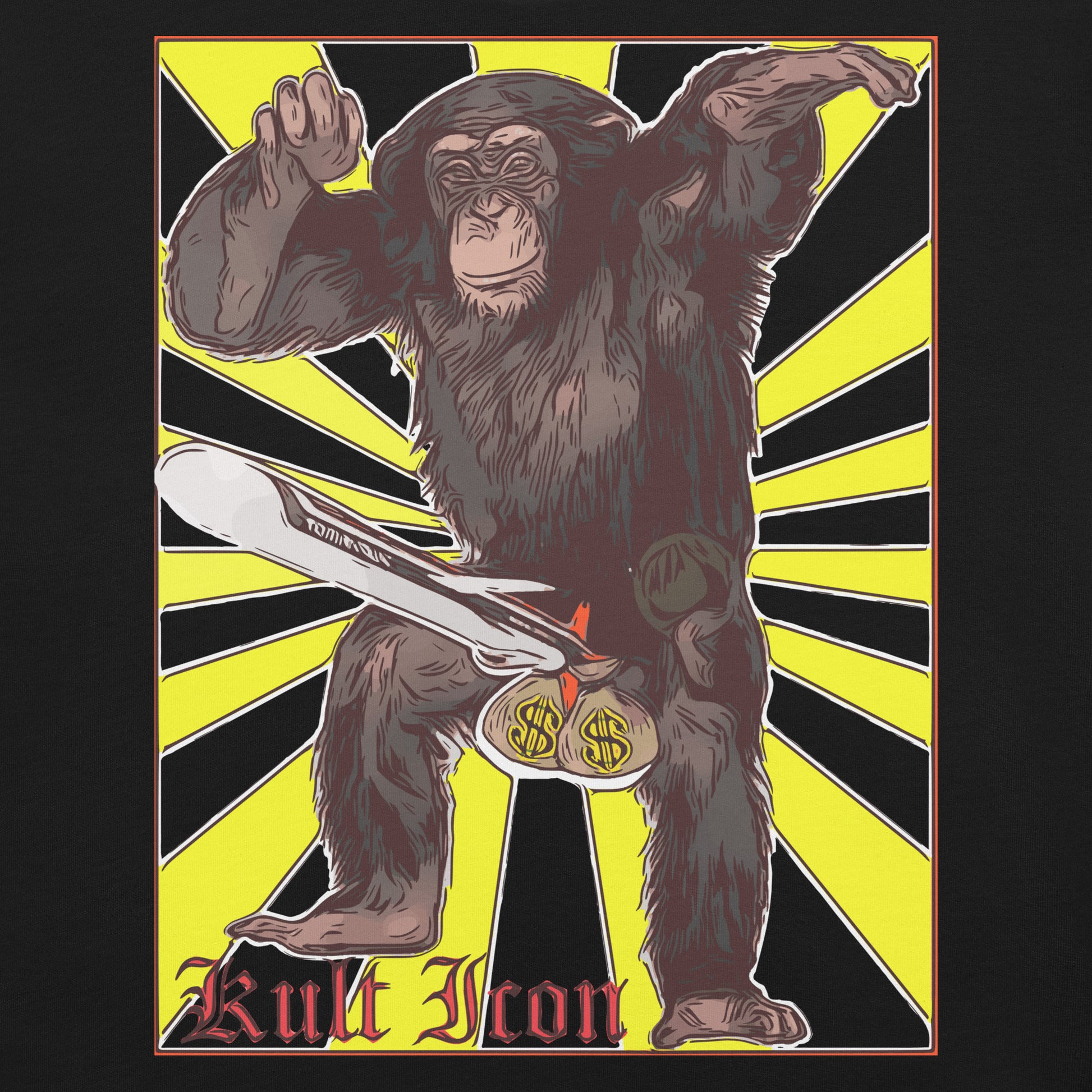 Illustration of a monkey holding a sword with dollar signs on a yellow and black background, featuring the text 'Kult Icon'.