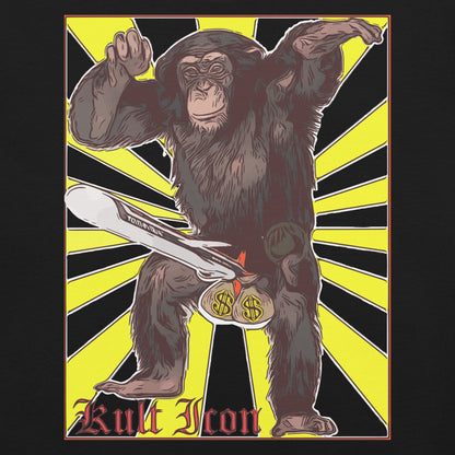 Illustration of a monkey holding a sword with dollar signs on a yellow and black background, featuring the text 'Kult Icon'.
