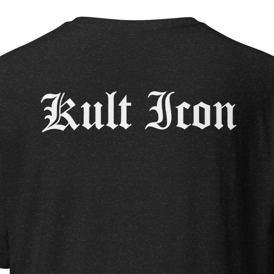 Black t-shirt with 'Kult Iron' text on the back against a white background