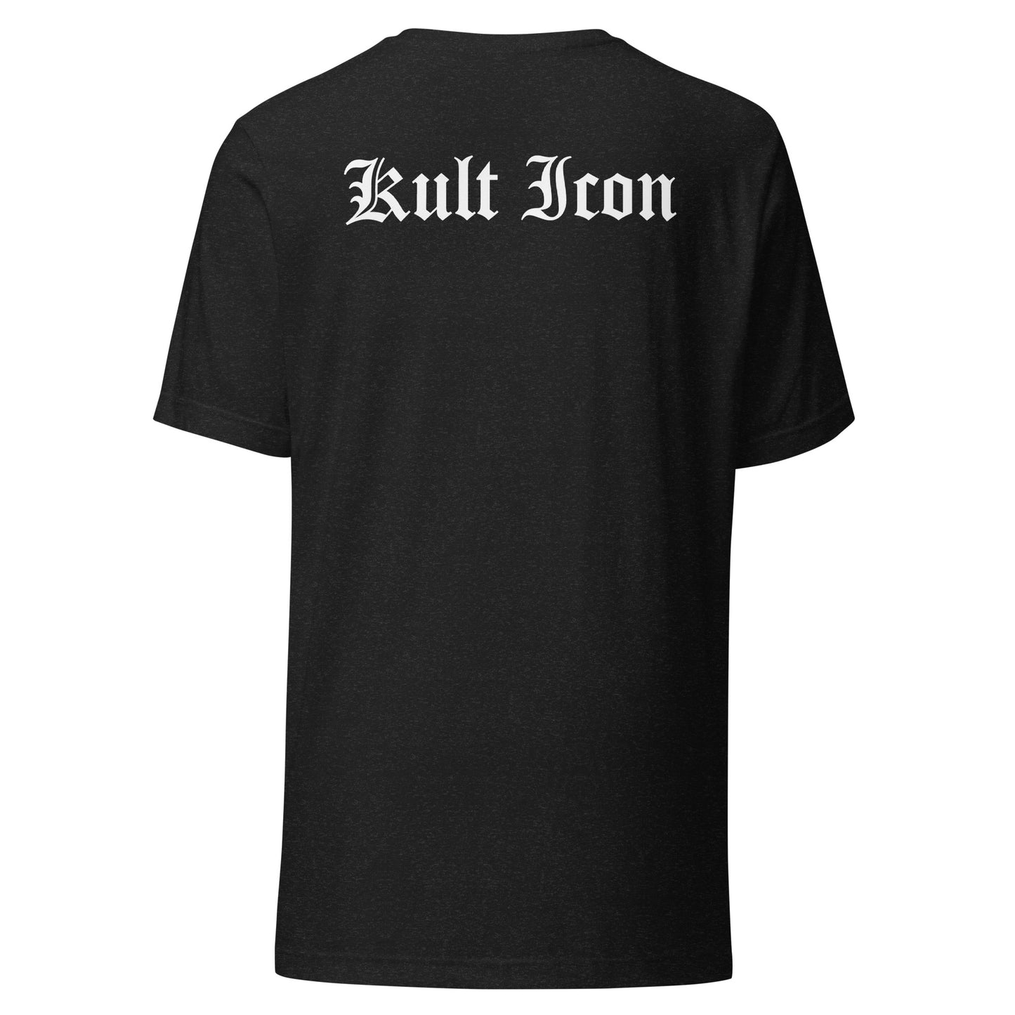 Black t-shirt with 'Kult Iron' text on the back against a white background