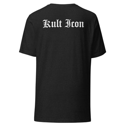Black t-shirt with 'Kult Iron' text on the back against a white background