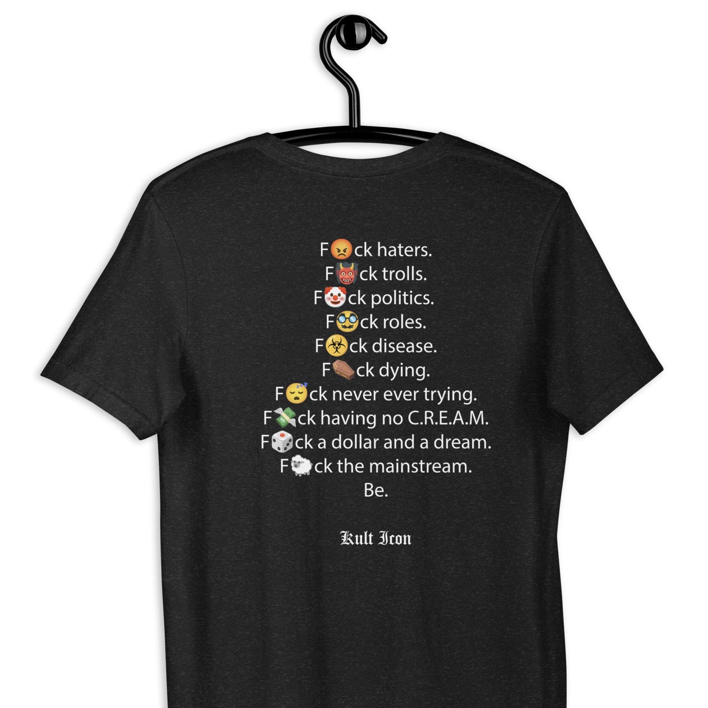 Black t-shirt with white text and emojis on a hanger against a white background