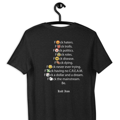 Black t-shirt with white text and emojis on a hanger against a white background
