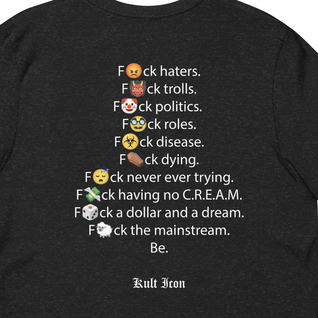 Black t-shirt with a list of phrases and emojis on a dark background