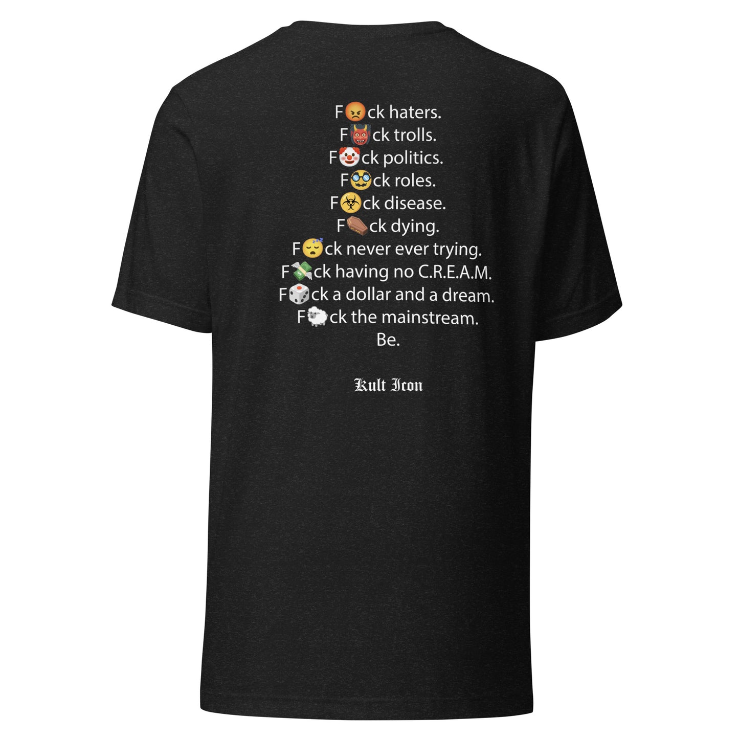 Black t-shirt with white text and emojis on a white background