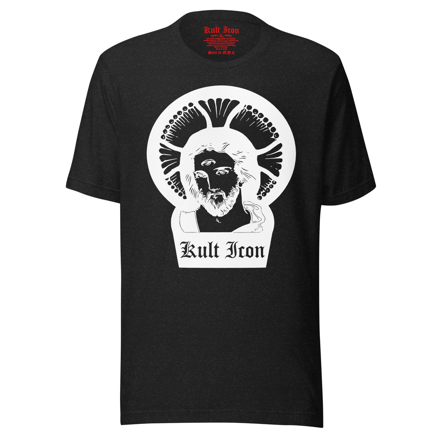 Black t-shirt with white graphic design and 'Kult Iron' branding on a white background