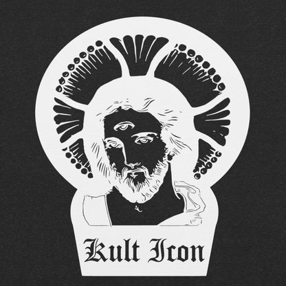 Black and white graphic of a religious icon with 'Kult Icon' text on a black background