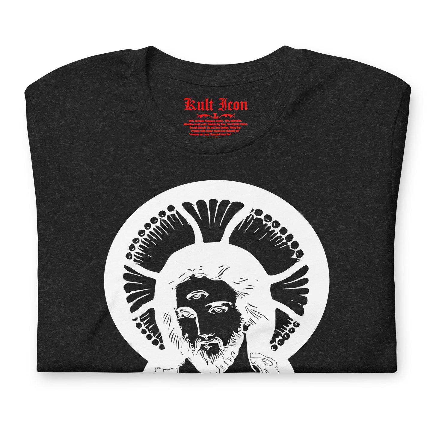 Black t-shirt with white graphic design and red text on a white background