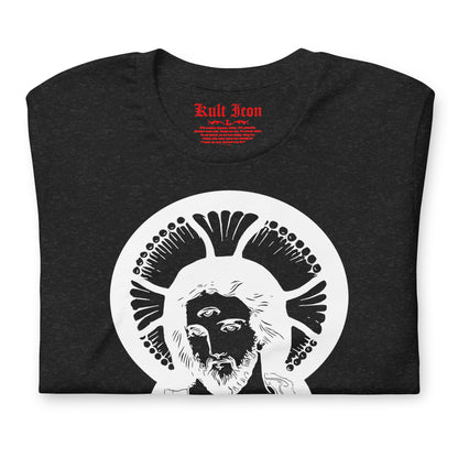 Black t-shirt with white graphic design and red text on a white background