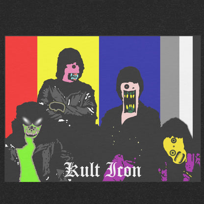 Four characters with colorful masks on a black background with 'Kult Iron' branding.