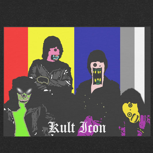 Four characters with colorful masks on a black background with 'Kult Iron' branding.