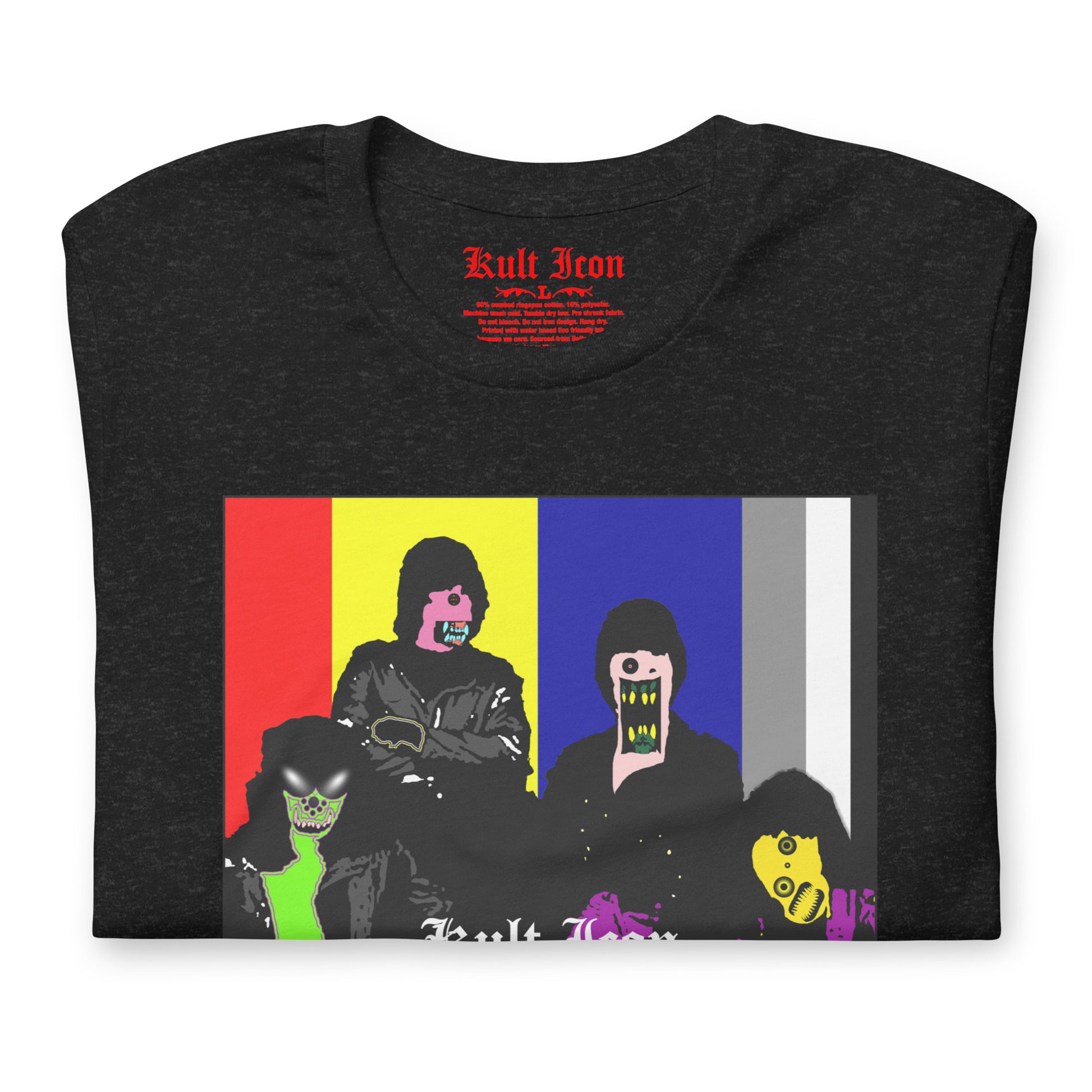Black t-shirt with graphic design and 'Kult Iron' branding on a white background